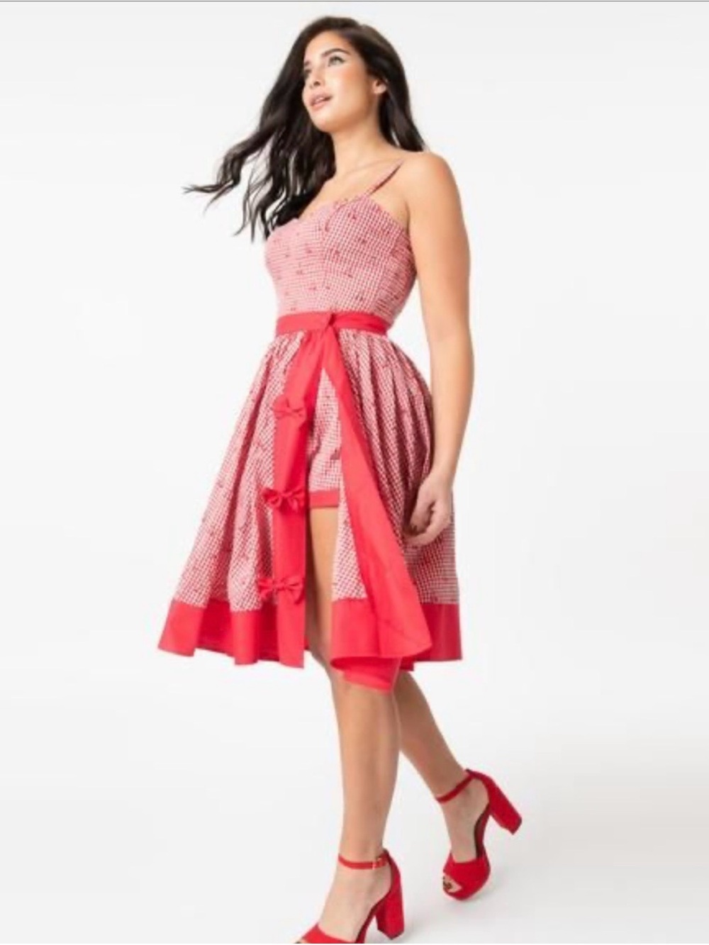 Unique Vintage Red Gingham Bow snap skirt